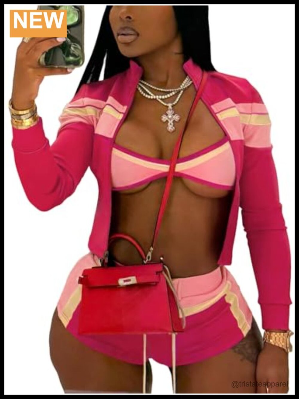 Women's 3-Piece Sweatsuit Set Zip Jacket Lace-Up Bra Shorts Polyester Blend